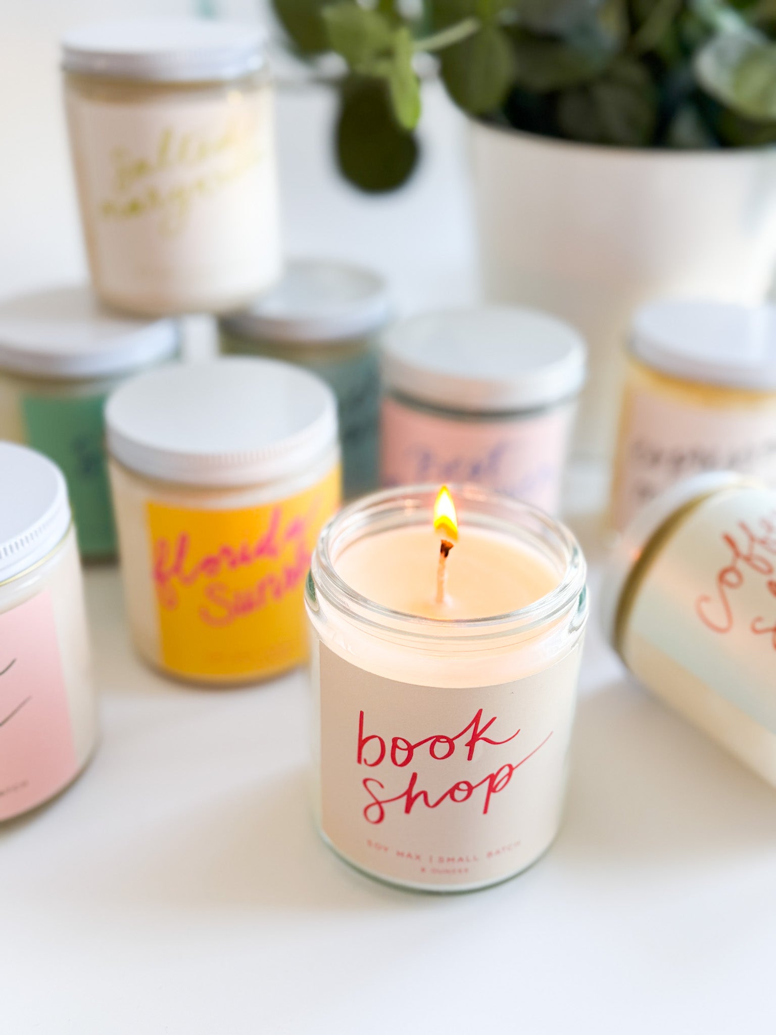 Lit Book Shop candle surrounded by colorful jar candles and greenery