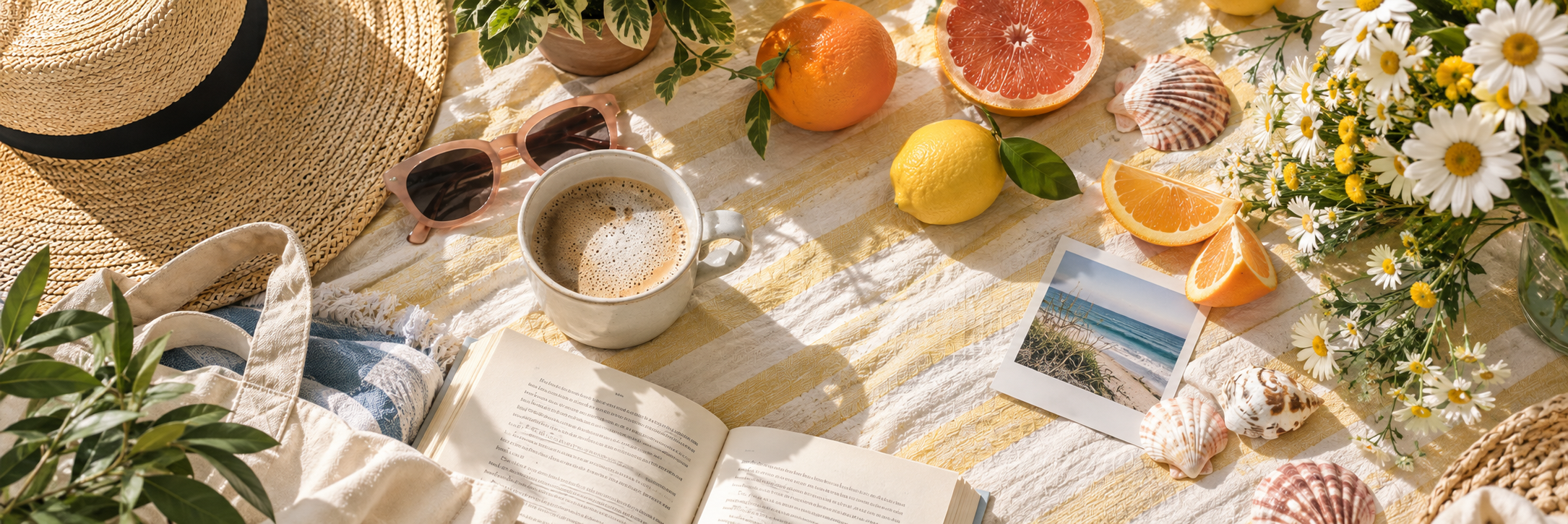Sunlit seaside picnic with citrus fruit, daisies, coffee, an open book, seashells and a straw hat